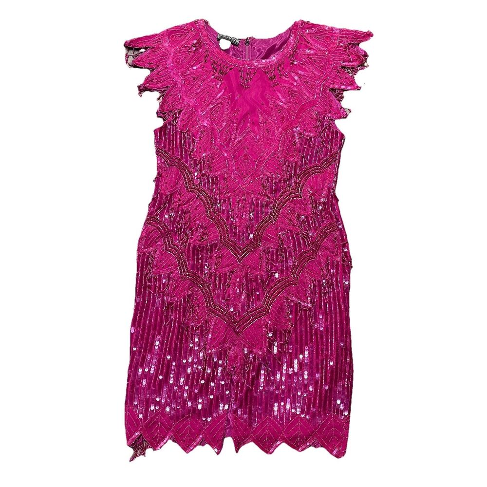 Vtg Women’s Cocktail Dress Size 14 100% Pure Silk Magenta Sequin Beaded Fringe